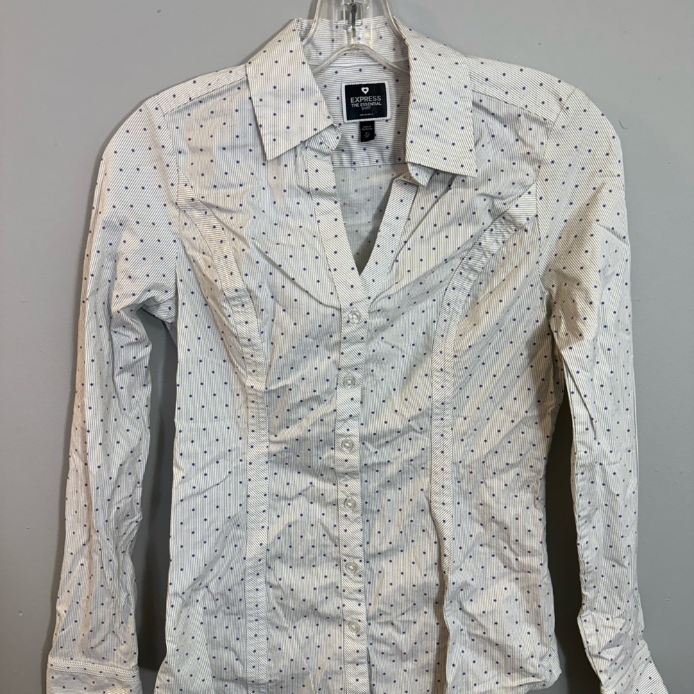 Express women’s White Shirt with purple Dots